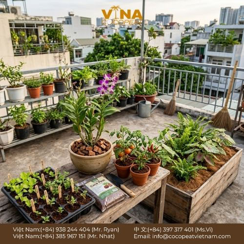 Khám phá 7 cách trồng cây bằng xơ dừa hiệu quả cho người mới: ươm hạt, trộn đất, trồng rau sạch, thủy canh và tái sử dụng giá thể.