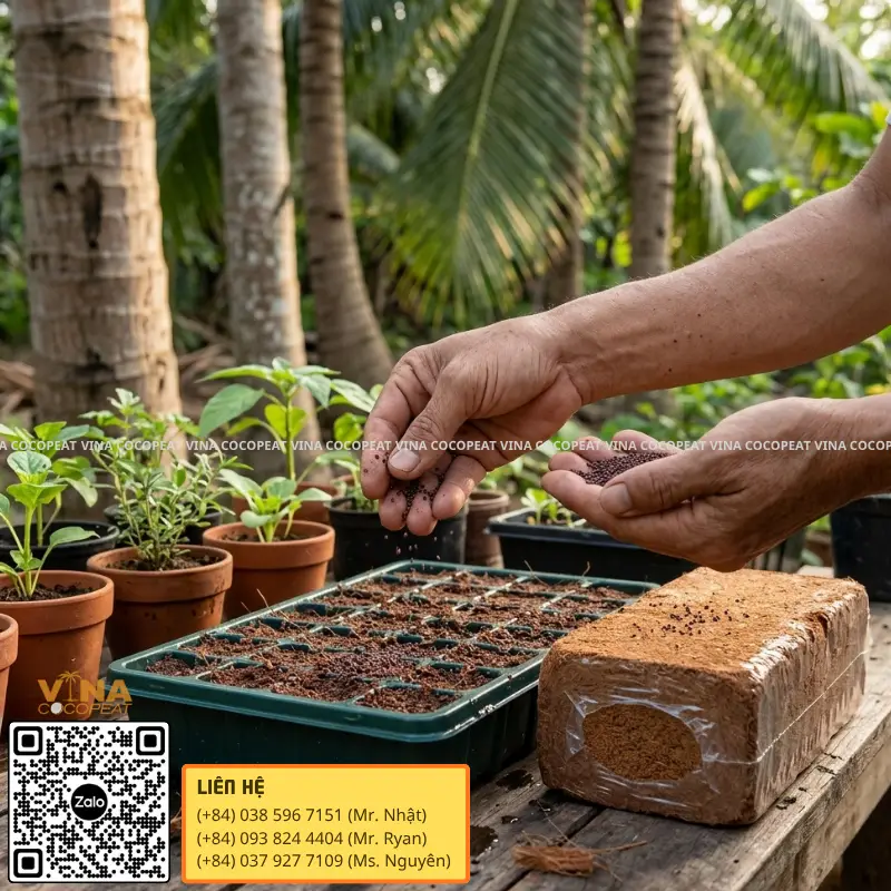 Gieo hạt rau dền vào khay giá thể mụn dừa ép khối 500g