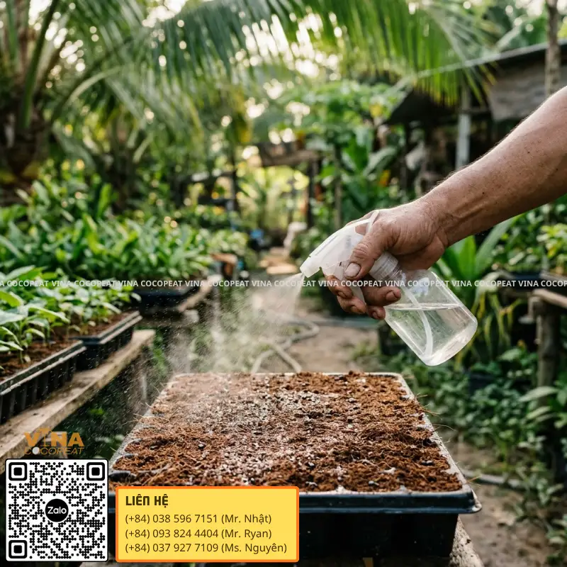 Phun sương giữ ẩm cho hạt giống gieo trong giá thể mụn dừa