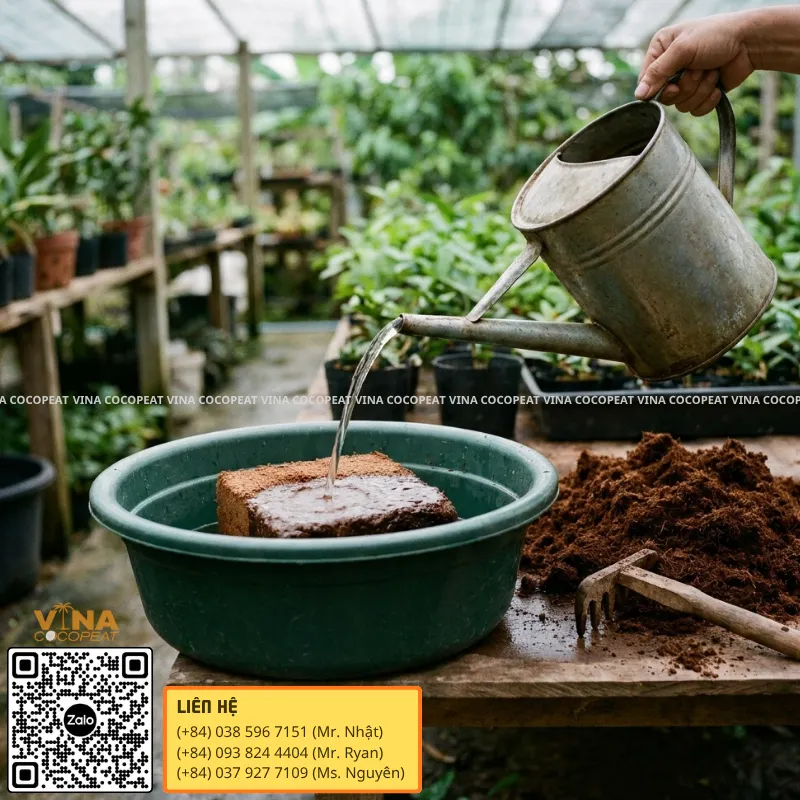 Cách ngâm mụn dừa ép khối bằng nước sạch trước khi sử dụng