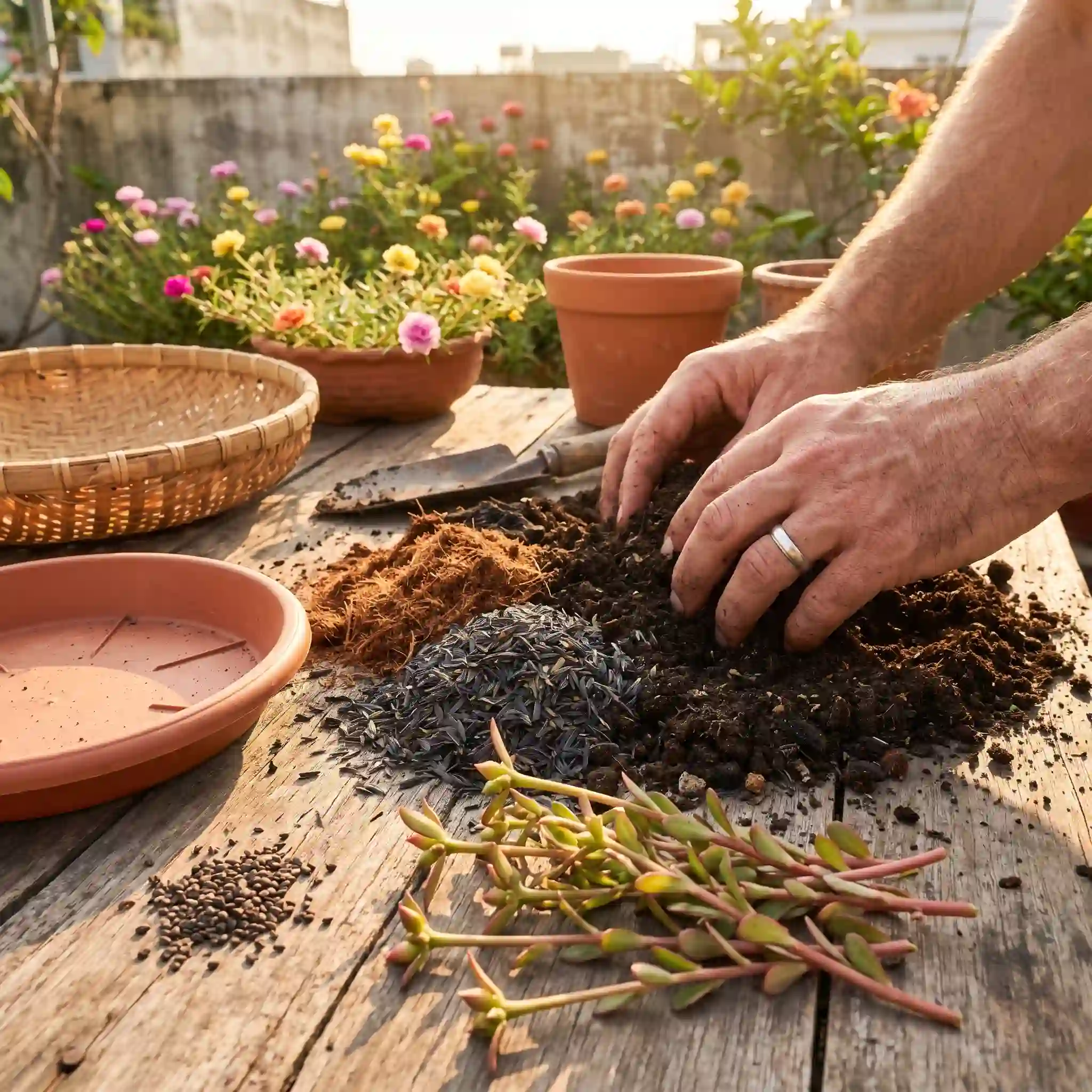 Cách phối trộn giá thể hoa mười giờ bằng mụn dừa trấu hun và phân hữu cơ