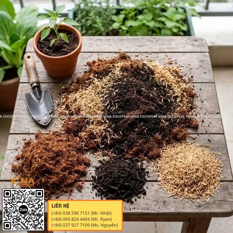 Cách phối trộn giá thể mụn dừa với trấu hun và phân hữu cơ trồng cây