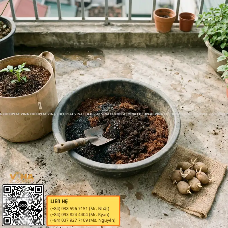 Phối trộn mụn dừa, phân hữu cơ và trấu hun để trồng khoai tây trong bao