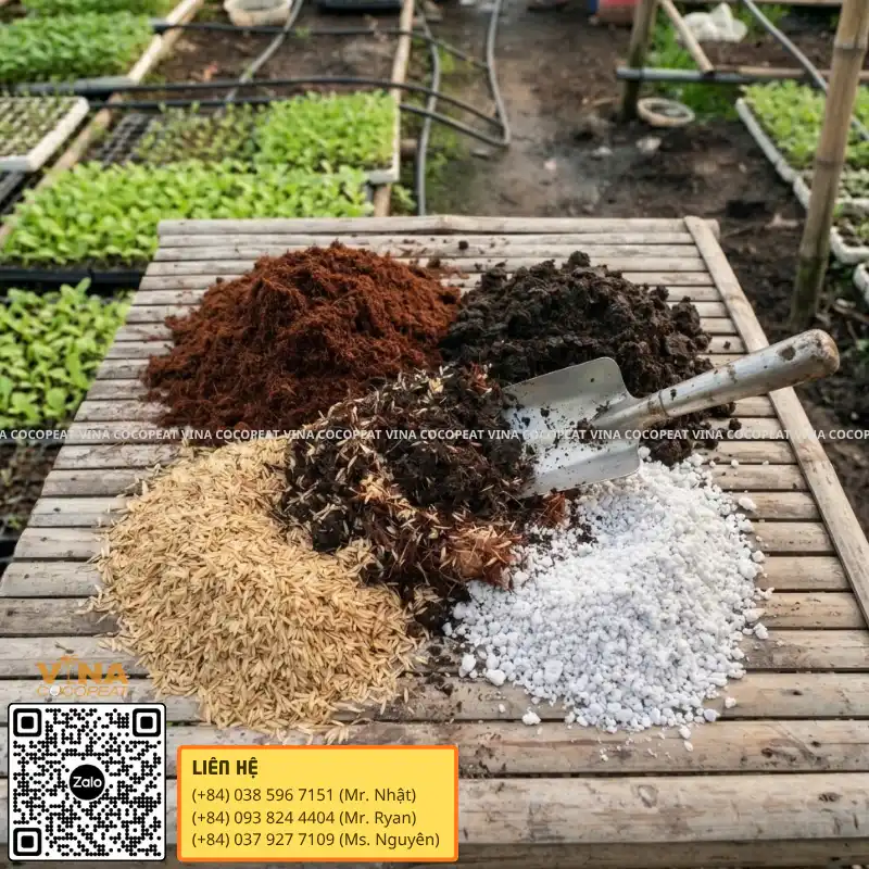 Mụn dừa, phân trùn quế, trấu hun và Perlite dùng phối trộn giá thể