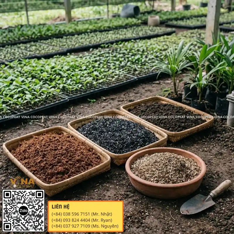 Mụn dừa trấu hun và phân hữu cơ dùng phối trộn giá thể ươm cây