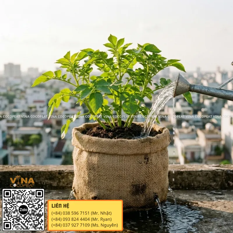 Tưới nước cho cây khoai tây trồng trong bao mụn dừa trên sân thượng