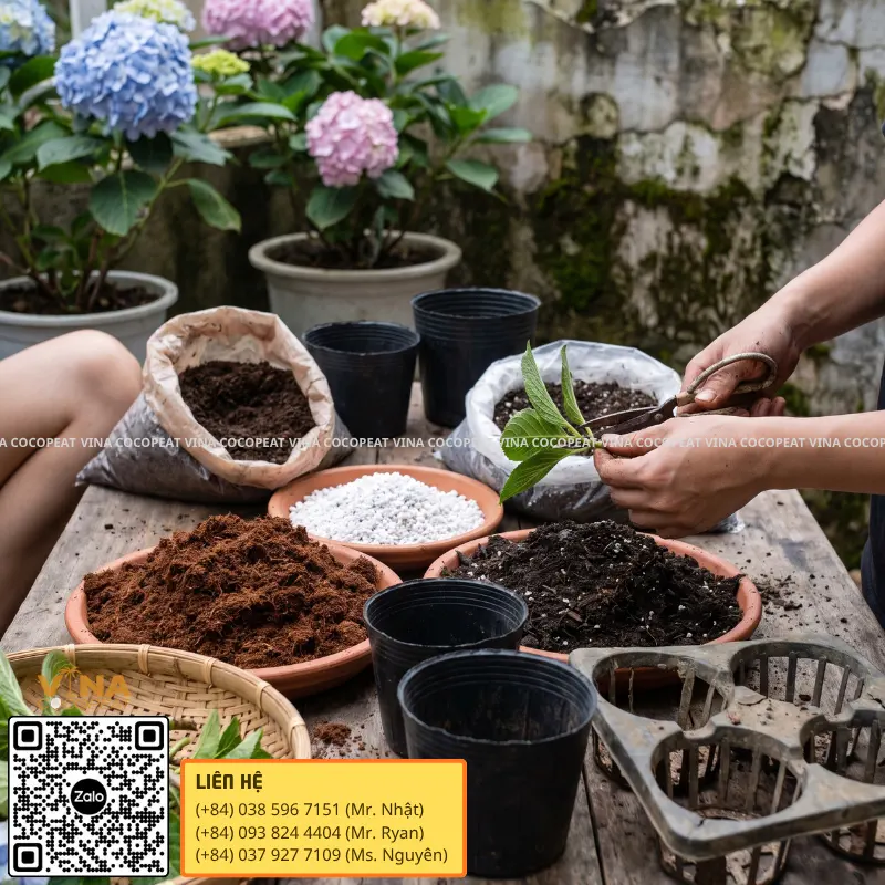 Nhân giống cẩm tú cầu bằng cành giâm khỏe trong giá thể mụn dừa sạch