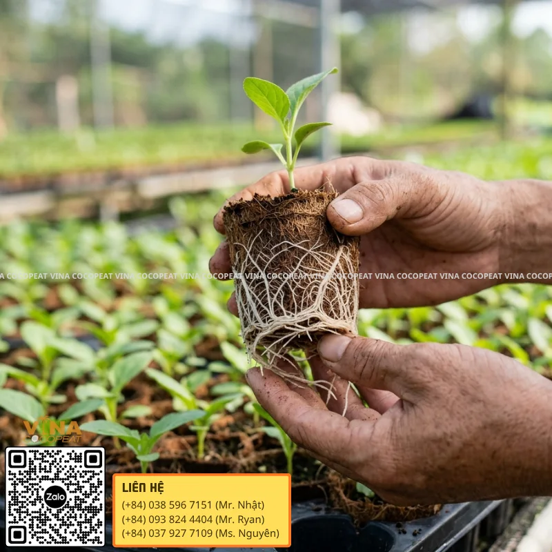 Bộ rễ trắng khỏe của cây con trong bầu giá thể mụn dừa