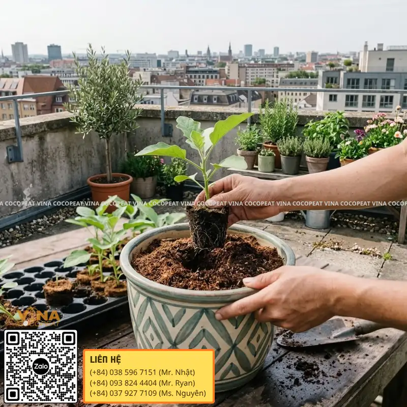 Sang cây cà tím con vào chậu lớn chứa giá thể mụn dừa trên sân thượng