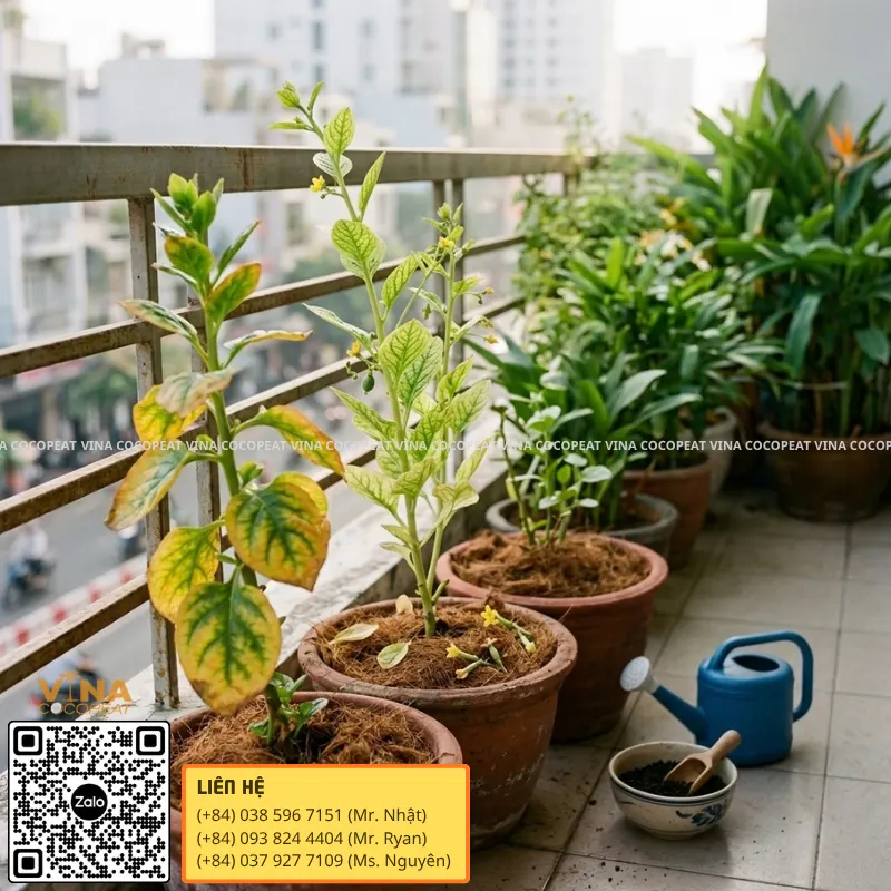 Cây trồng bằng giá thể mụn dừa có dấu hiệu vàng lá và thiếu dinh dưỡng