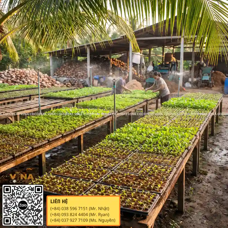Giá thể mụn dừa dùng ươm cây giống tại vườn ươm nông nghiệp Việt Nam