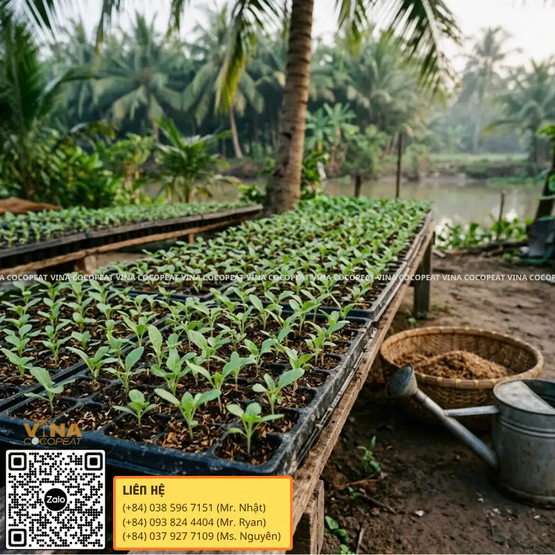 Cây giống phát triển trong giá thể tro trấu xơ dừa tại vườn ươm