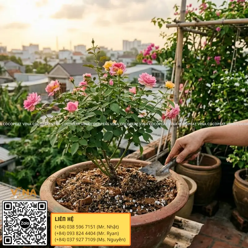 Giá thể mụn dừa, Perlite và trấu hun dùng trồng hoa hồng trong chậu