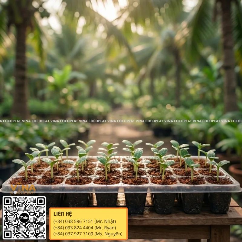 Cây con nảy mầm đồng đều trong khay giá thể mụn dừa
