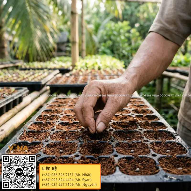 Gieo hạt bằng mụn dừa trong từng ô khay ươm cây giống