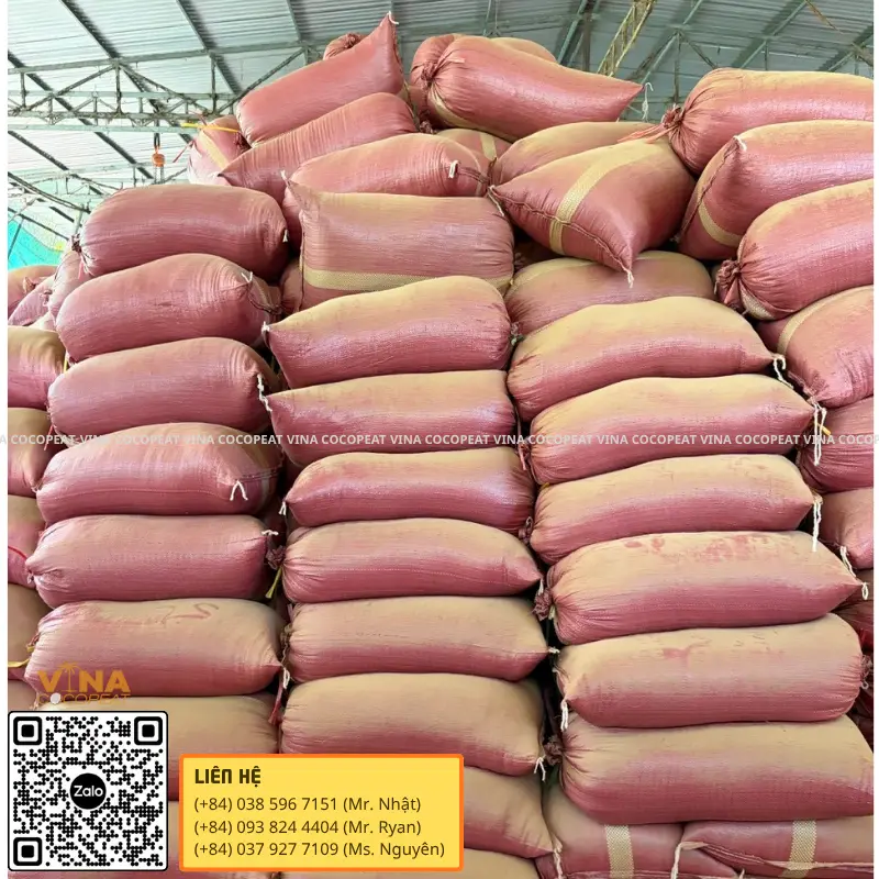 Bao mụn dừa đã xử lý được xếp tại kho sản xuất