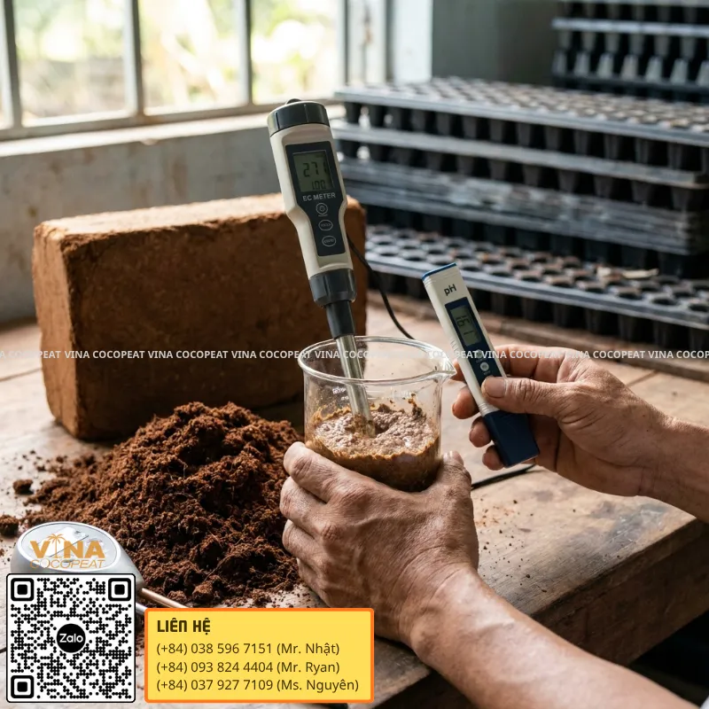 Đo chỉ số EC và pH của mụn dừa xuất khẩu đạt tiêu chuẩn chất lượng