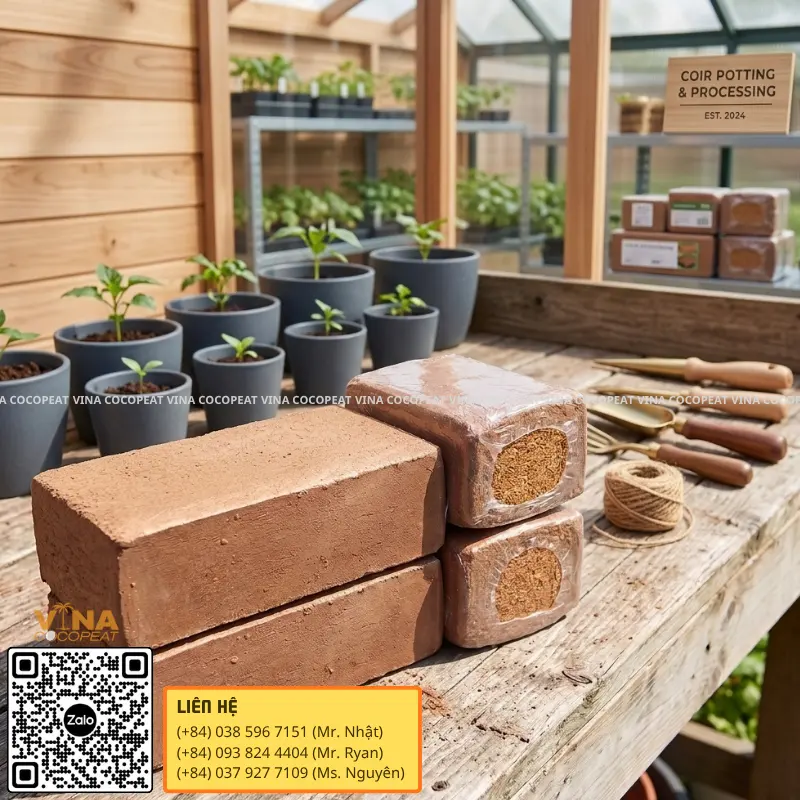 Mụn dừa ép khối đã xử lý trưng bày tại khu ươm cây giống