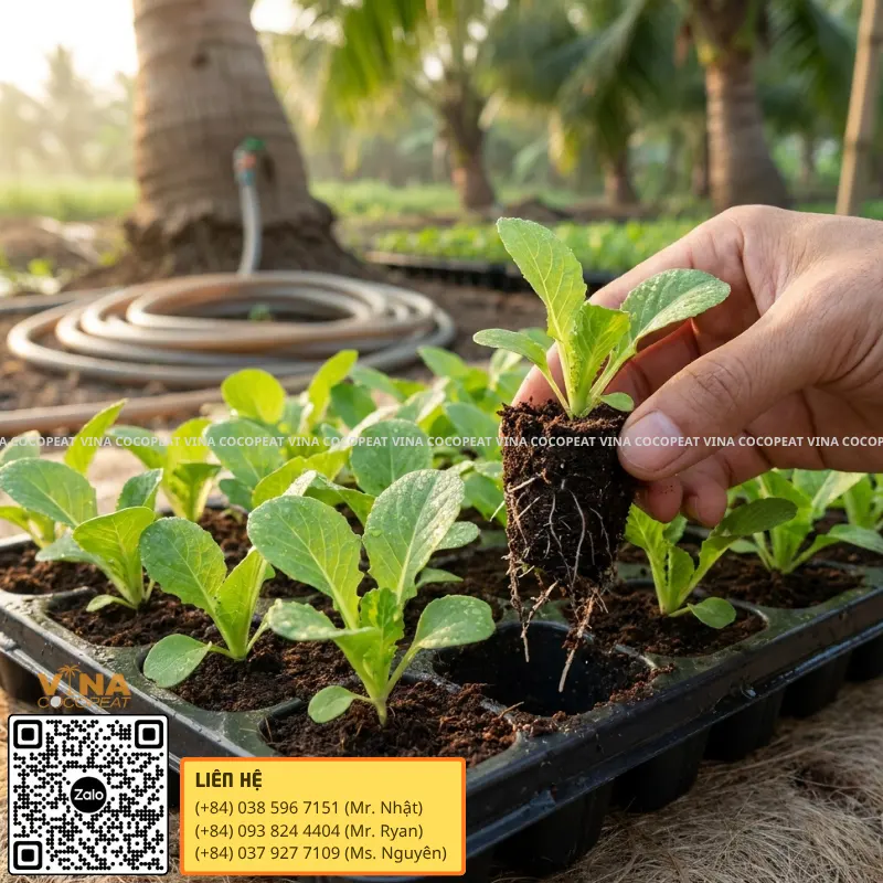 Mụn dừa ép khối trồng rau và ươm cây con trong khay giống