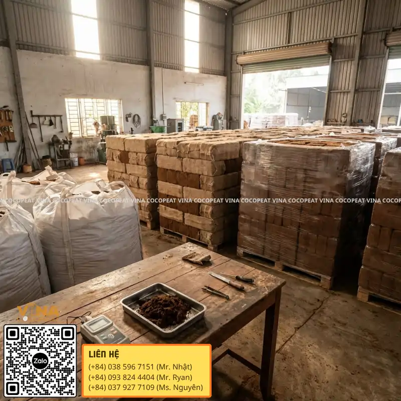 Mụn dừa ép khối đóng pallet tại kho xưởng sản xuất mụn dừa