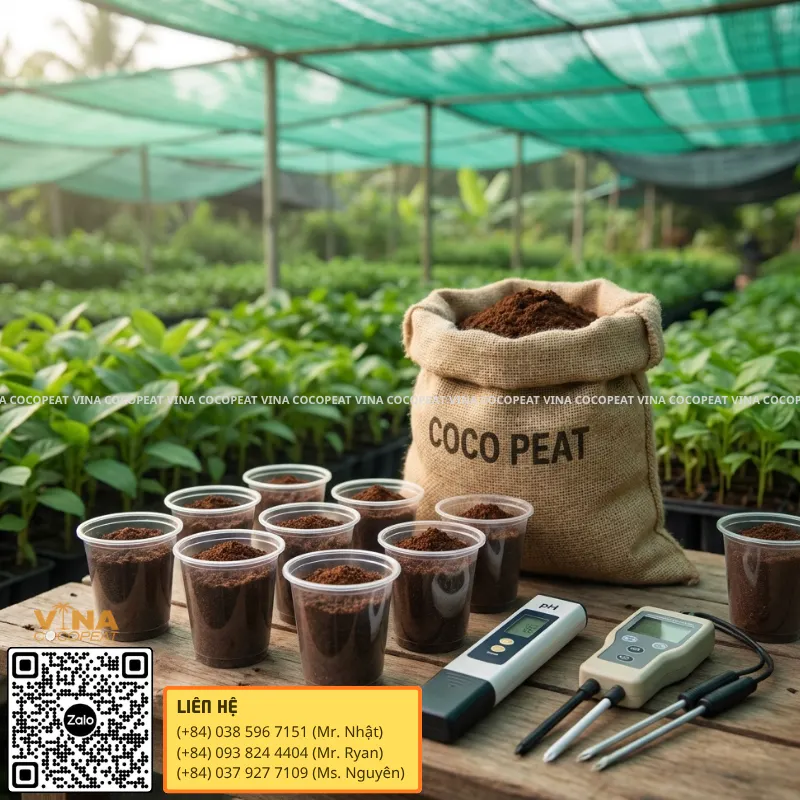 Kiểm tra EC pH của mụn dừa xuất khẩu đạt tiêu chuẩn chất lượng