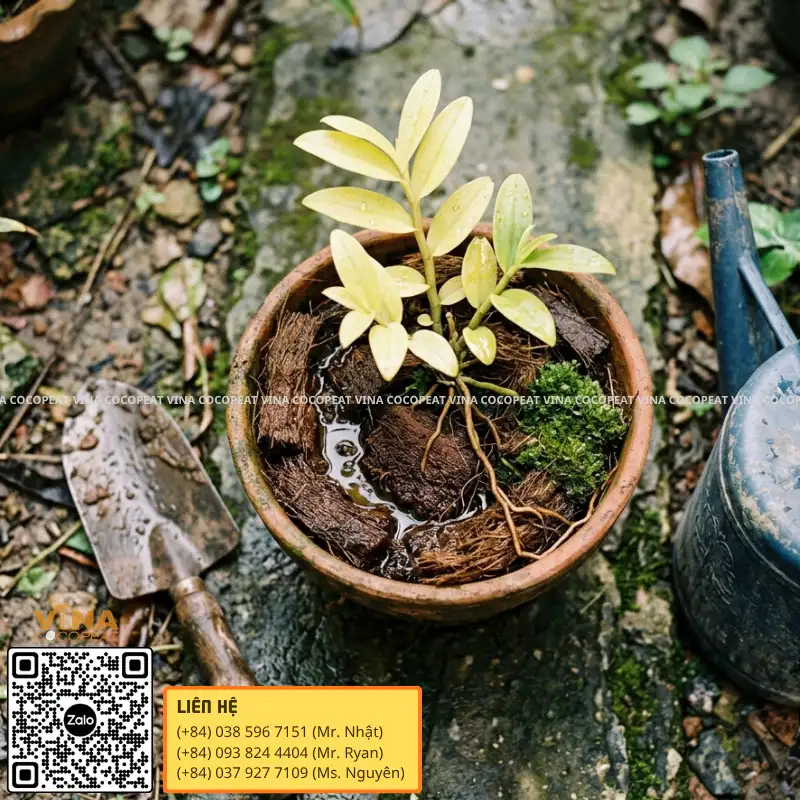 Mụn dừa thoát nước kém khiến chậu cây bị úng và vàng lá