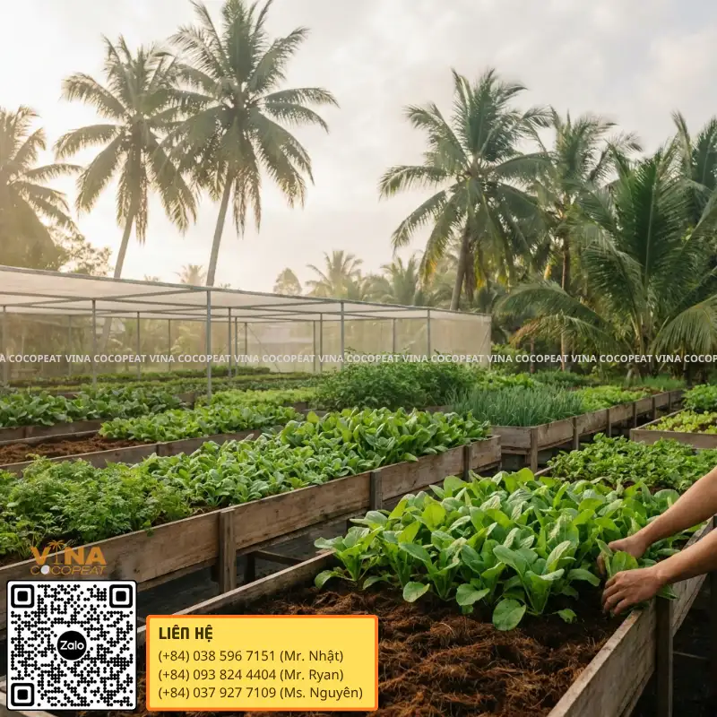 Mụn dừa trồng cây trong vườn rau nông nghiệp hiện đại