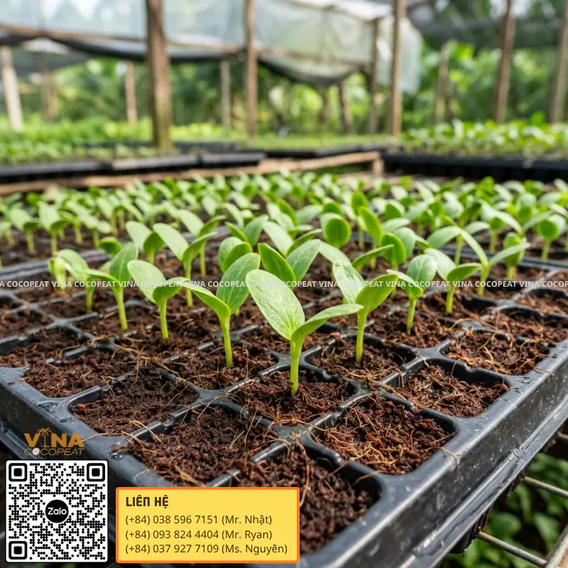 Cây con phát triển trong khay ươm sử dụng giá thể mụn dừa sạch