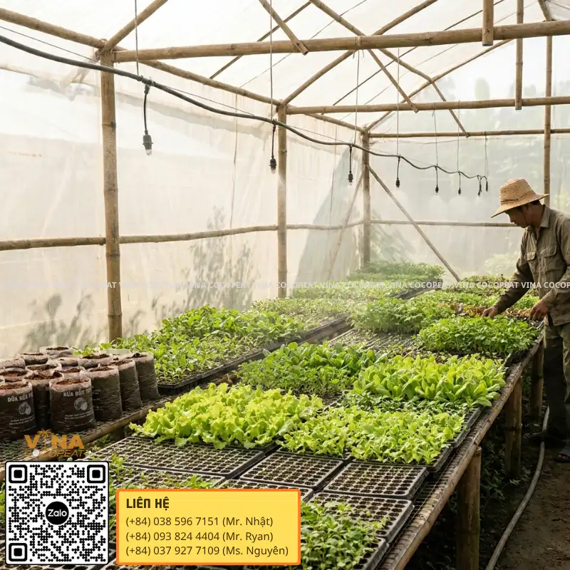 Mụn dừa đạt tiêu chuẩn xuất khẩu được sử dụng để trồng rau trong nhà lưới