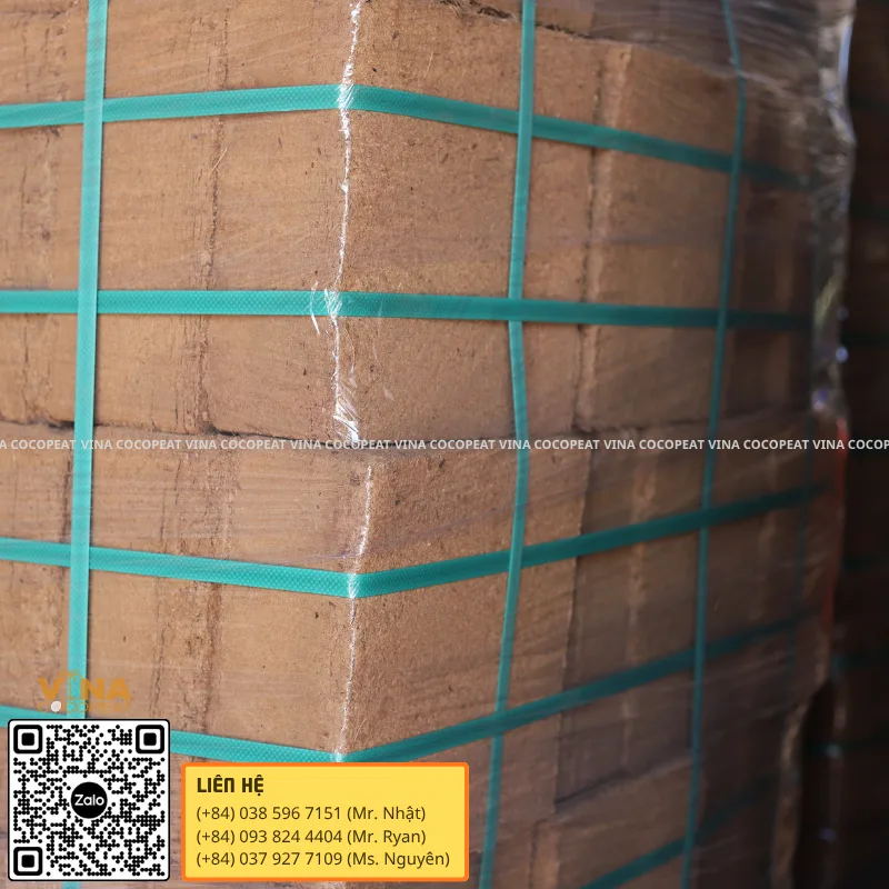 Mụn dừa xuất khẩu được đóng đai và quấn màng bảo vệ trên pallet