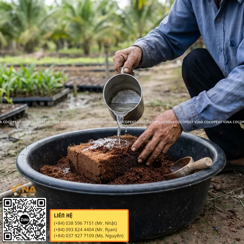 Cách ngâm mụn dừa ép khối với nước để giá thể trương nở