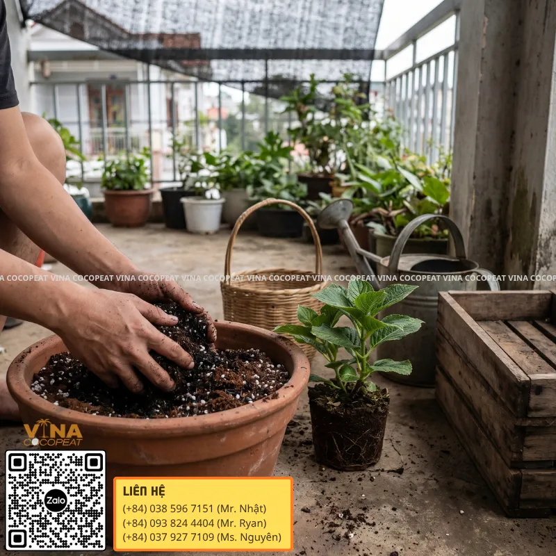 Trộn giá thể mụn dừa trồng cẩm tú cầu trong chậu giúp rễ giữ ẩm và thoát nước tốt