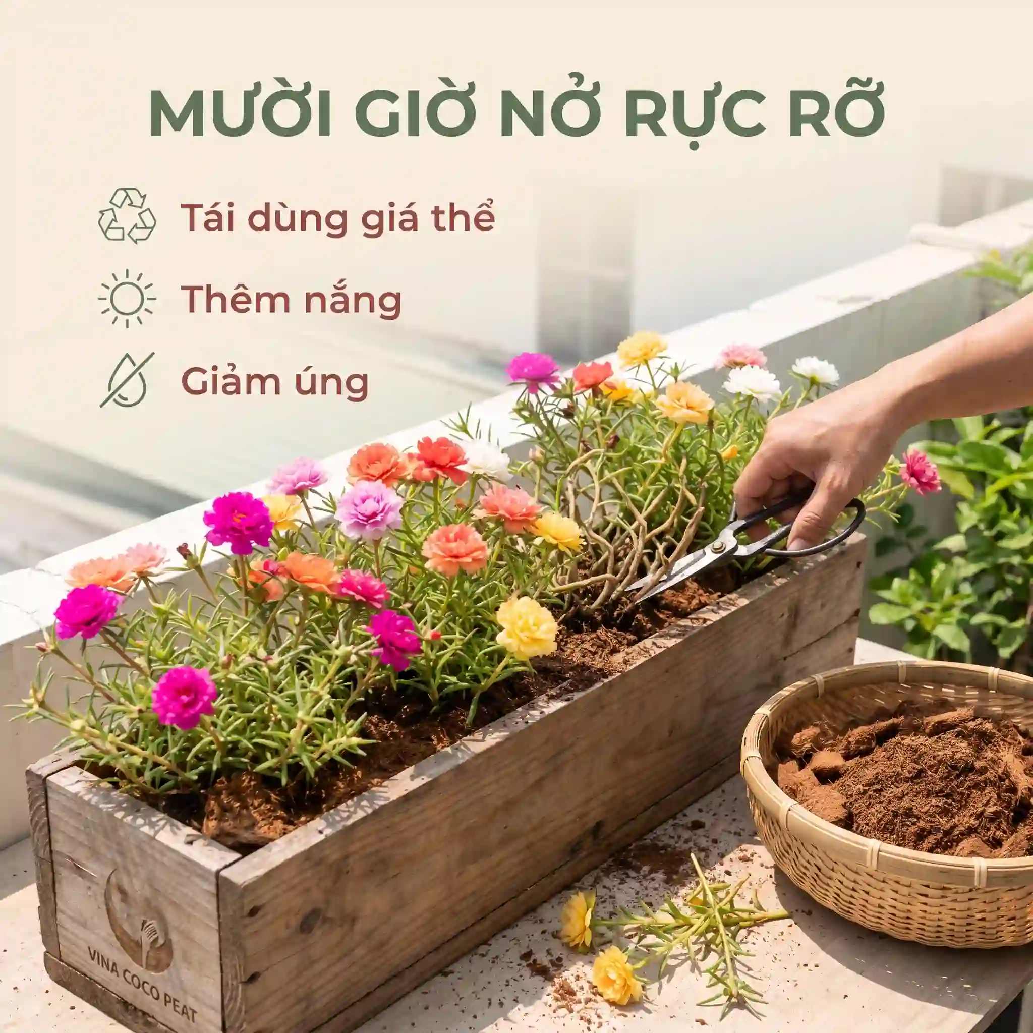 Phân bón cho hoa mười giờ kết hợp tái sử dụng giá thể mụn dừa và cắt tỉa đúng cách