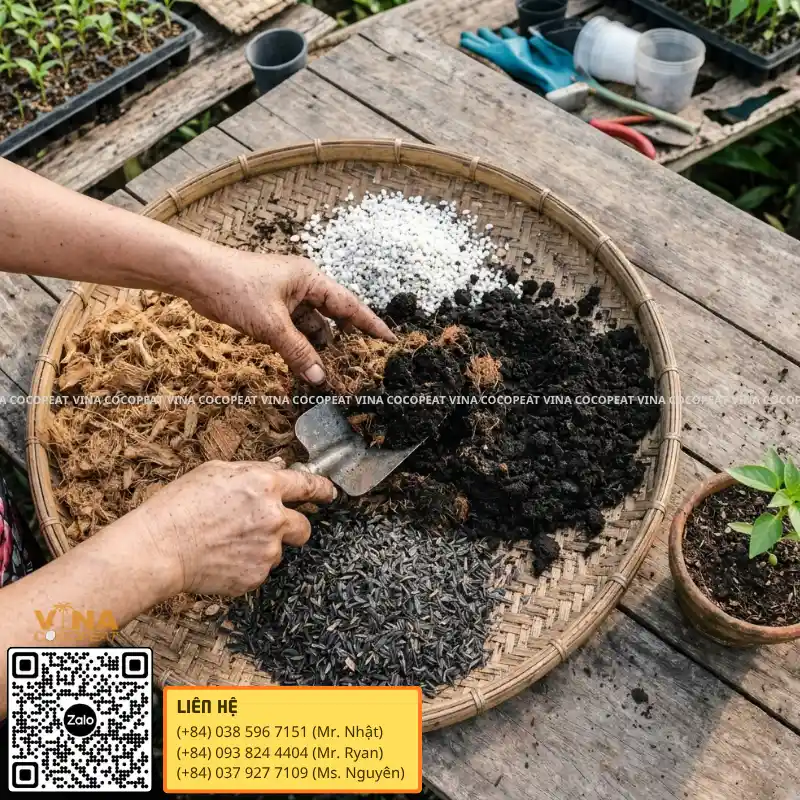 Phối trộn mụn dừa với phân trùn quế trấu hun và đá Perlite