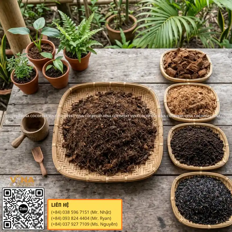 Các thành phần phối trộn giá thể gồm mụn dừa cũ, mụn dừa mới, trấu hun và phân hữu cơ