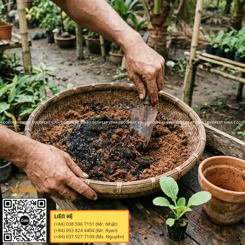 Phối trộn mụn dừa với trấu hun tạo giá thể tơi xốp giữ dinh dưỡng