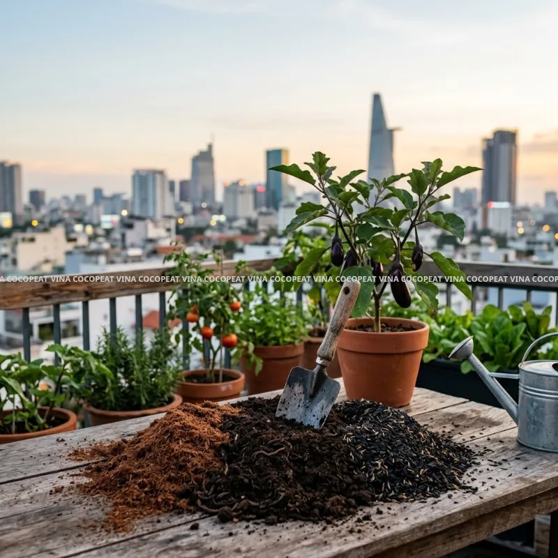 Mụn dừa phân trùn quế và trấu hun phối trộn giá thể trồng cà tím