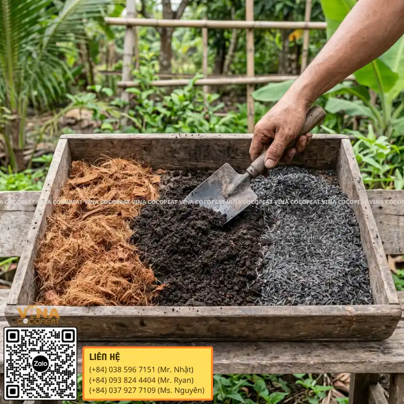 Phối trộn mụn dừa với phân hữu cơ và trấu hun để trồng cây