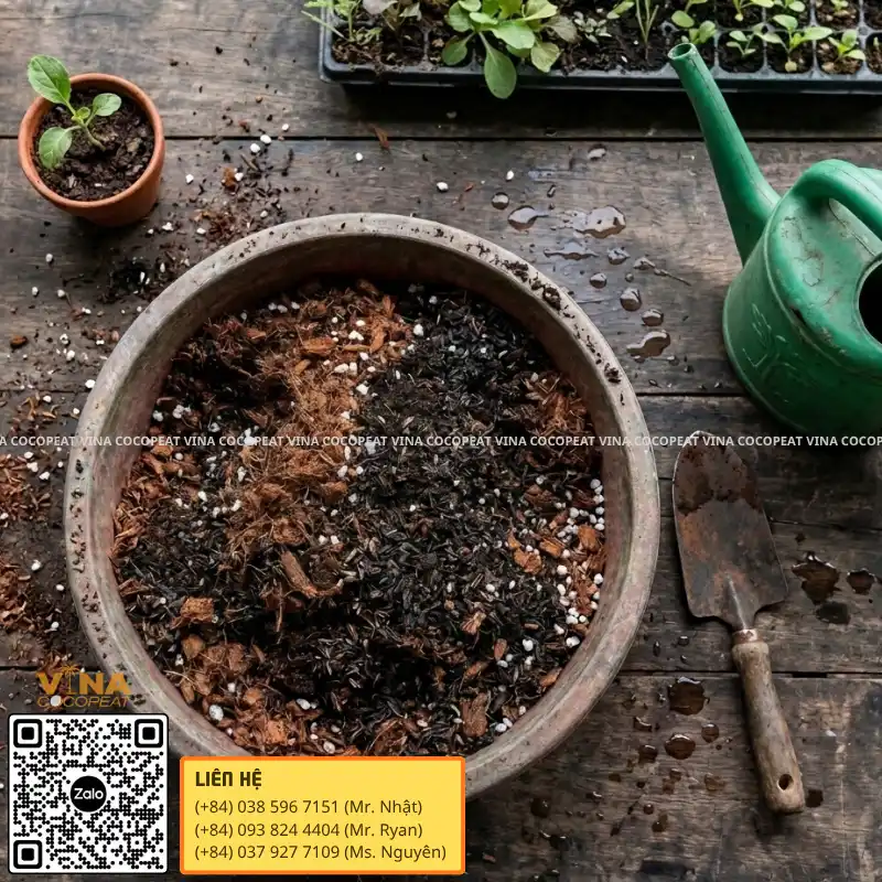 Phối trộn mụn dừa với trấu hun và Perlite để trồng cây