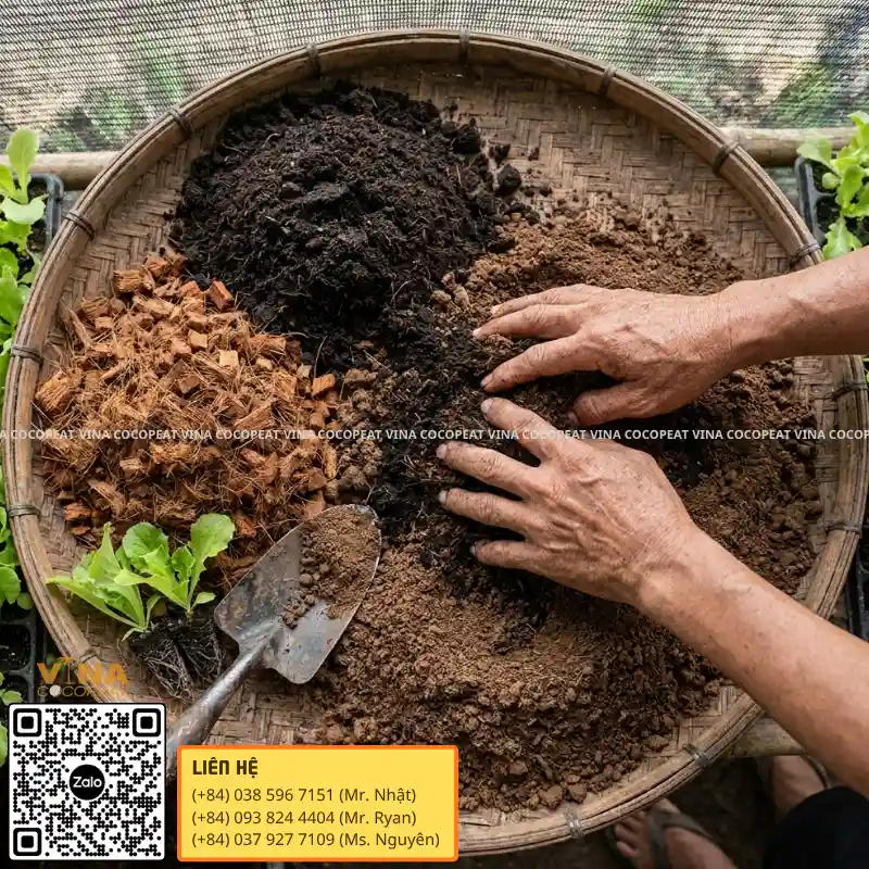 Phối trộn mụn dừa với phân hữu cơ và đất làm giá thể trồng rau