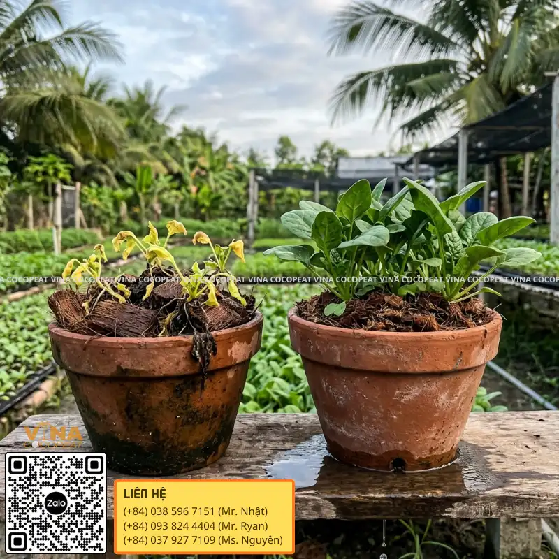 So sánh cây suy yếu và cây khỏe khi tái sử dụng mụn dừa sai và đúng cách