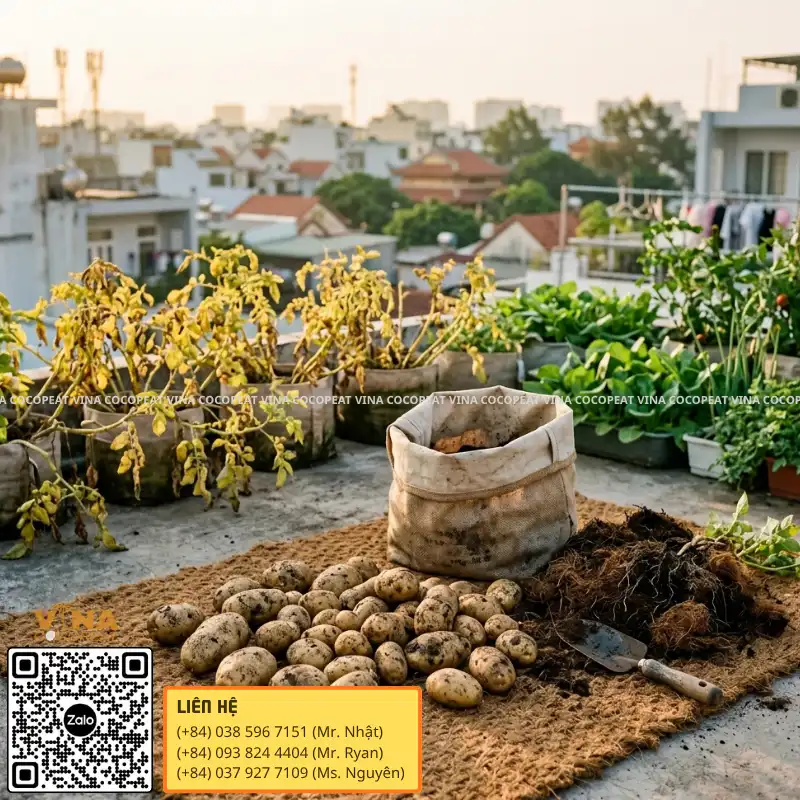 Thu hoạch khoai tây trồng trong bao mụn dừa trên sân thượng