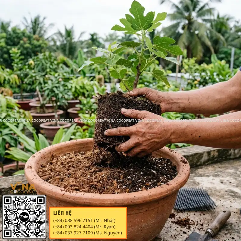 Đặt bầu cây sung Mỹ vào chậu có giá thể mụn dừa và perlite