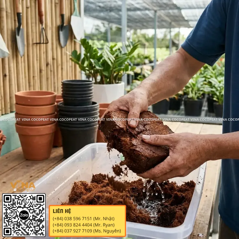 Ngâm viên nén mụn dừa Low EC trước khi sử dụng làm giá thể trồng cây