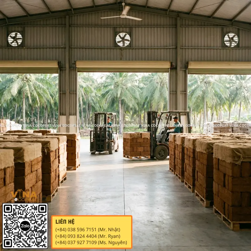 Kho mụn dừa ép khối xuất khẩu số lượng lớn tại Việt Nam