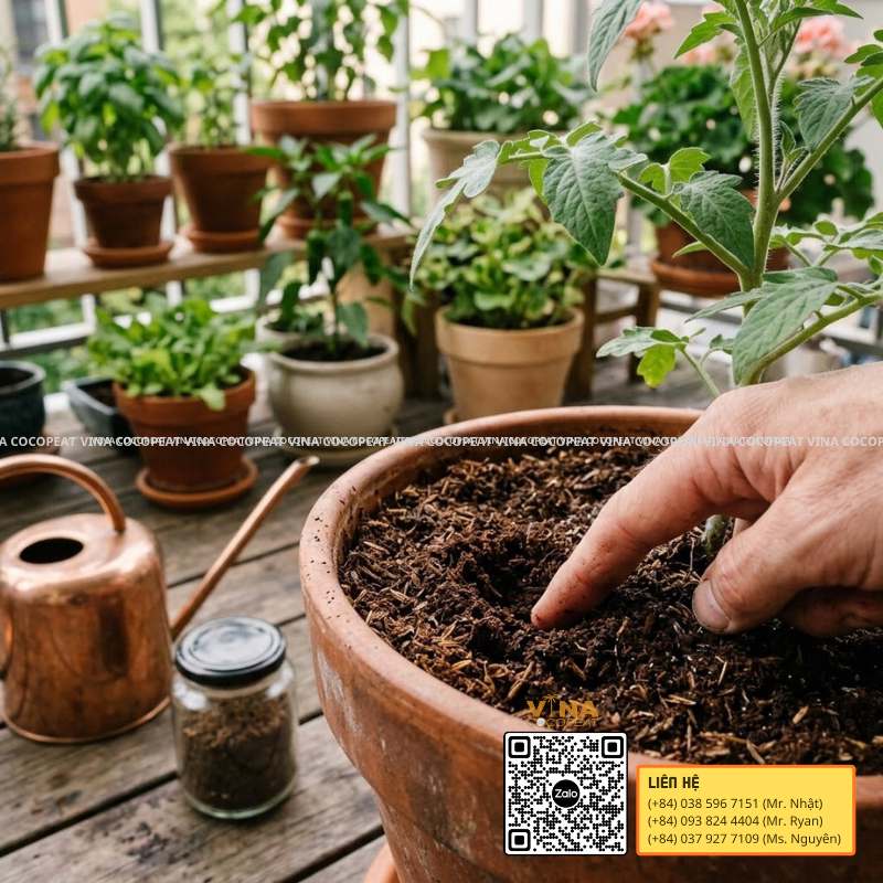Kiểm tra độ ẩm giá thể mụn dừa Sông Thom khi trồng cây trong chậu