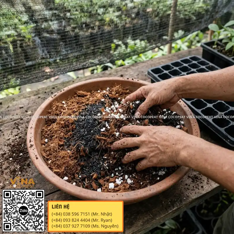 Cách trộn giá thể ươm hạt từ mụn dừa trấu hun và Perlite