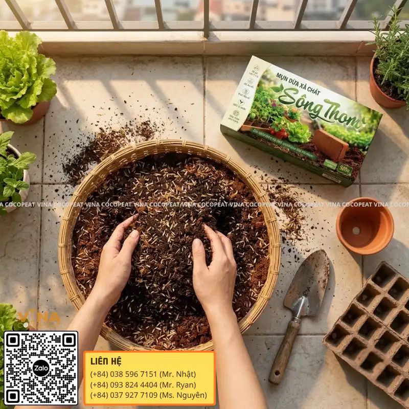 Cách trộn mụn dừa Sông Thom làm giá thể trồng rau trong chậu