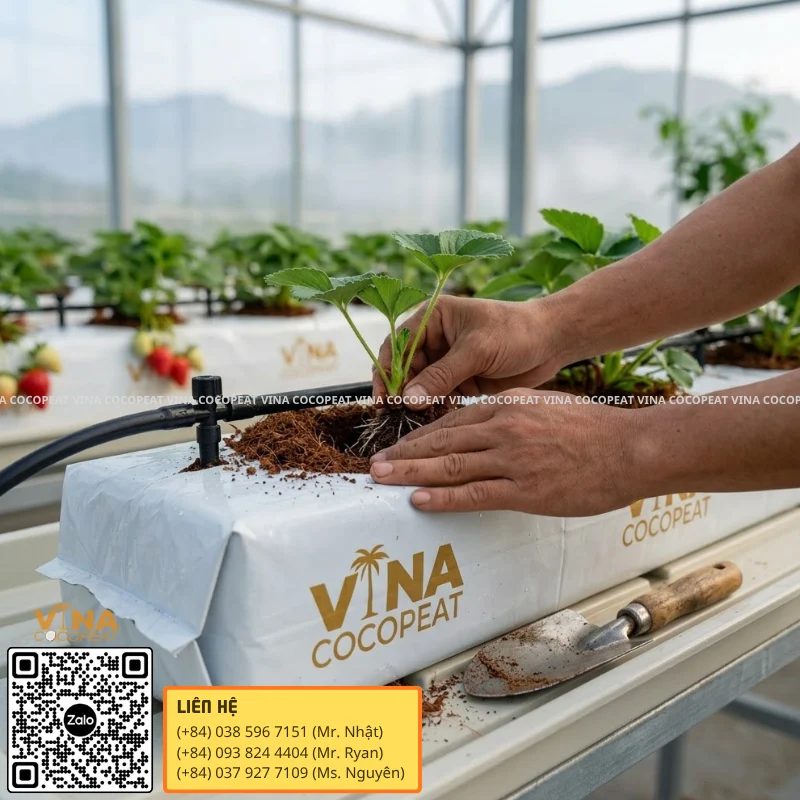 Kỹ thuật đặt cây dâu tây vào Grow Bag xơ dừa đúng độ sâu