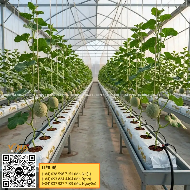 Hệ thống tưới nhỏ giọt chăm sóc dưa lưới trồng trên Grow Bag xơ dừa